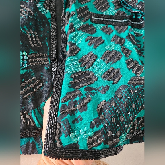 JUDITH ANN CREATIONS INC Beaded Sequin 100% Silk Evening/Opera Jacket Green Sz L - Picture 8 of 16